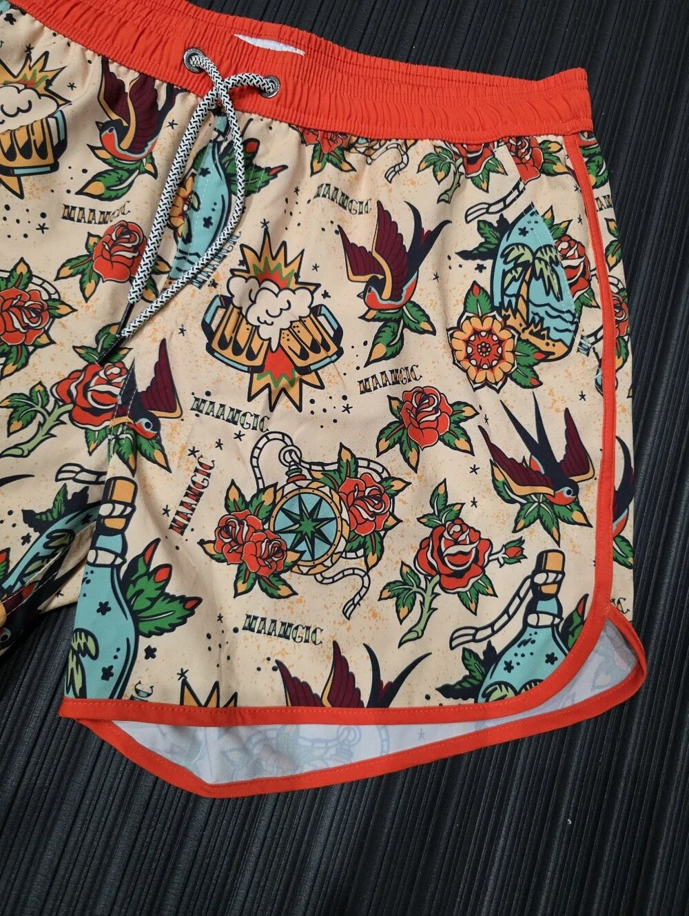 Maamgic Graphic Tattoo Print Artsy Mens Swim Trunks XL Beige Orange Tropical